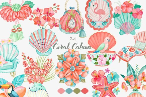 Download Coral Cabana Watercolor Clipart Set - Art Collection