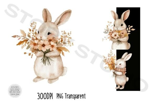 Download Cute Bunny Autumn Flowers Clipart Set - Art Collection