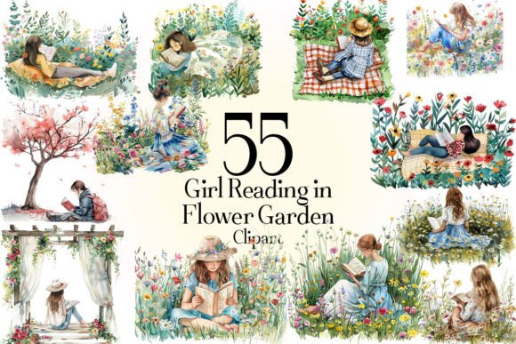 Download Girl Reading in Flower Garden Clipart - Art Collection