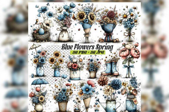 Download Whimsical Blue Spring Flowers Clipart Se - Art Collection
